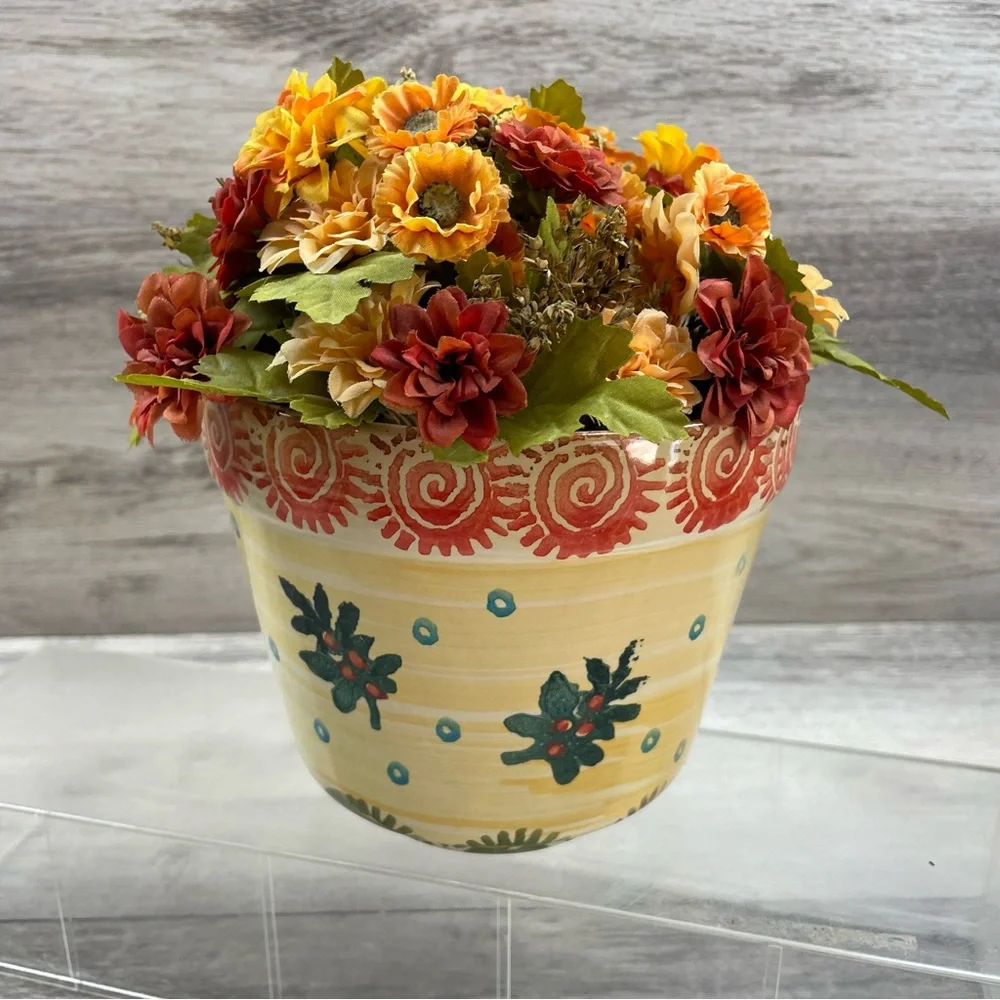 Flower Pot With Faux Flower Arrangement Made In Italy Hand Painted